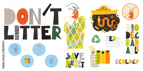 Set of vector clipart with a call not to litter.