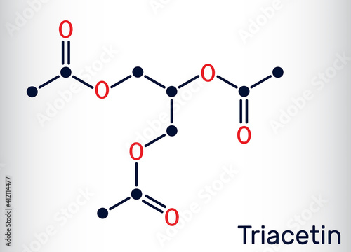 Triacetin, glycerin triacetate molecule. It is triglyceride, triester of glycerol, food additive with E number E1518. Skeletal chemical formula