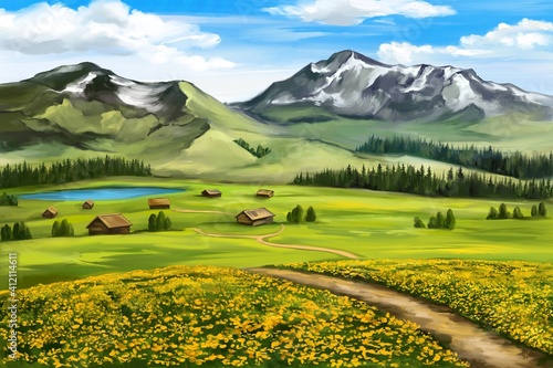 summer day, alpine village in the mountains, landscape, art illustration painted with watercolors