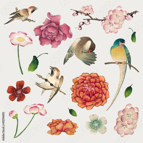 Flower and bird design element vector