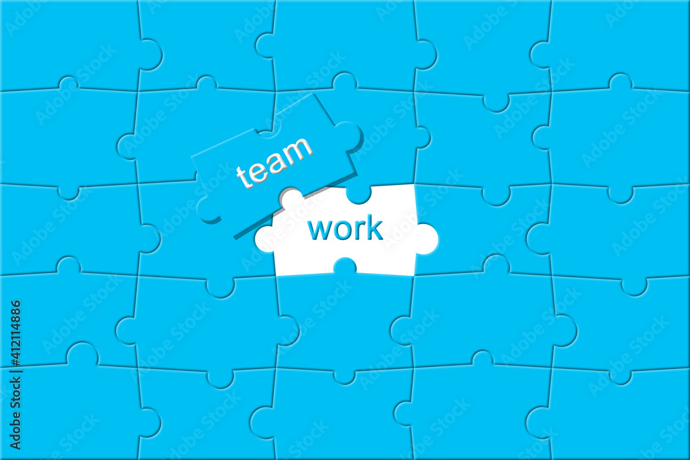 Fototapeta premium Illustration of top view of an incomplete blue jigsaw puzzle on white background with space for text. Teamwork concept.
