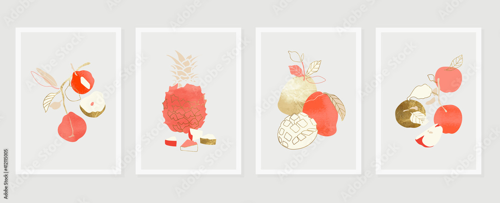 Fruits wall art Gold background vector. Hand drawn tropical fruit with