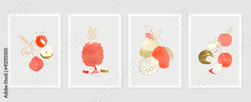 Fototapeta Naklejka Na Ścianę i Meble -  Fruits wall art Gold background vector.  Hand drawn tropical fruit with golden and watercolor texture. Vector illustration for prints, wall decoration, wallpaper and cover design. 