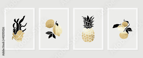 Fruits wall art Gold background vector.  Hand drawn tropical fruit with golden and watercolor texture. Vector illustration for prints, wall decoration, wallpaper and cover design. 