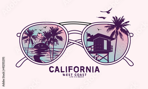 Beach vibes retro sunglass vector artwork ,  California west coast long beach design for apparel and others  photo