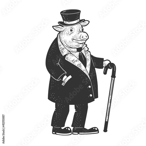 pig gentleman in clothes sketch engraving vector illustration. T-shirt apparel print design. Scratch board imitation. Black and white hand drawn image.