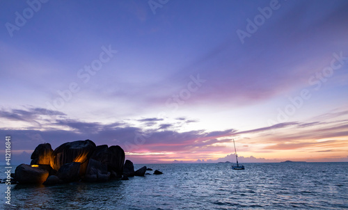 Sunset view from Les Rochers on the southern coast of Praslin Island in the Seychelles
