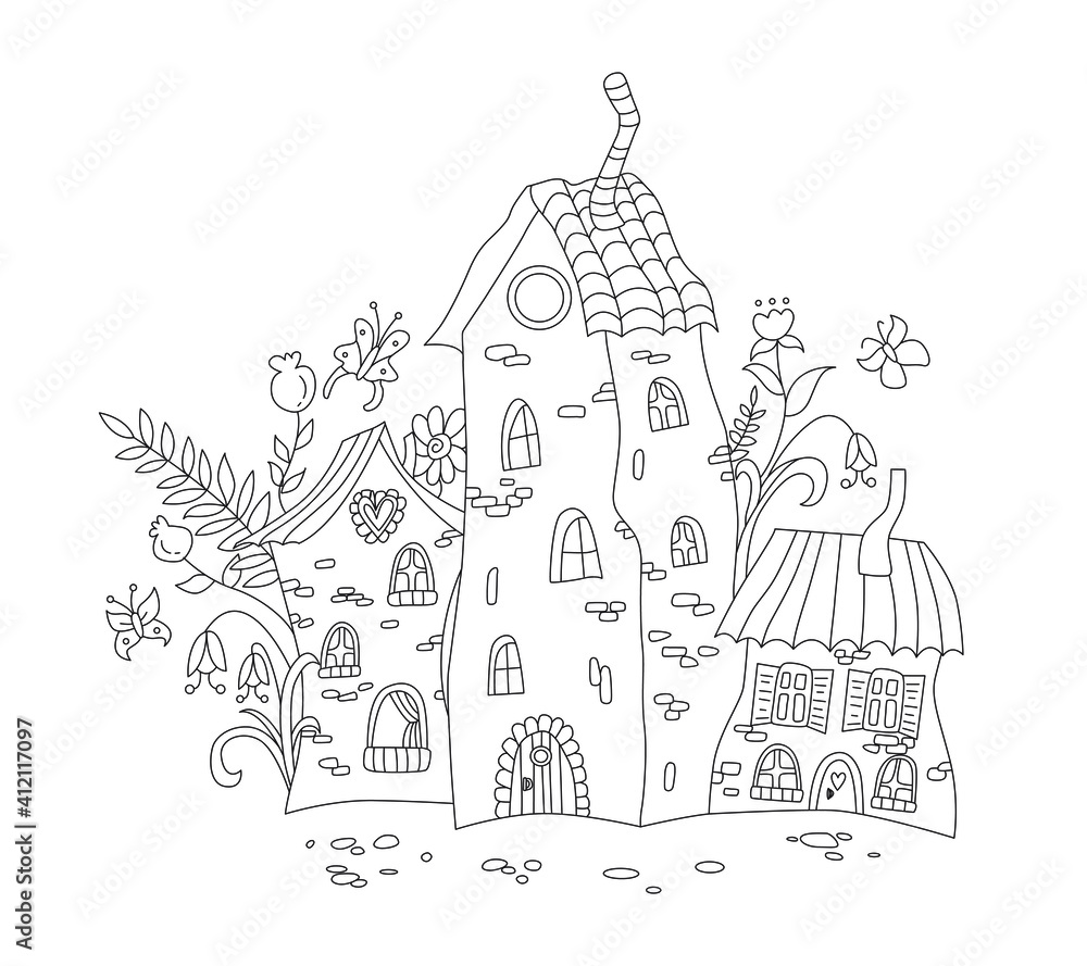 Vector black and white illustration of fairy houses with flowers, leaves and butterflies. Sketch for coloring antistress for adults and children. Cute freehand drawing coloring page. Line art design.