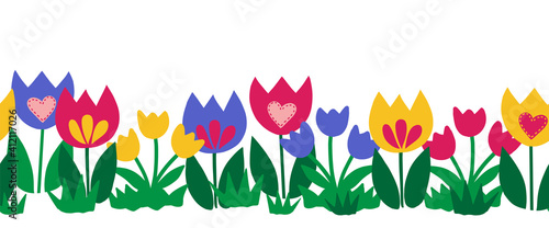 Seamless flower border isolated on white background. Hand drawn floral vector illustration child like tulips colorful repeating pattern for spring, Easter, card decor, fabric trim, footer, ribbons
