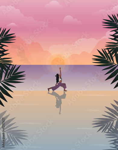 Digital illustration of a yogi girl doing yoga and meditation at sunset or sunrise