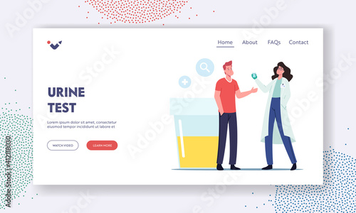 Man Give Urine Test for Disease Check Up in Hospital or Clinical Laboratory Landing Page Template. Doctor and Patient