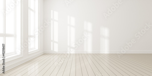3d render of modern empty room with wooden floor and large white plain wall. photo