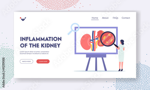 Kidney Inflammation Landing Page Template. Pyelonephritis, Tiny Doctor Nephrologist Character Doing Medical Research