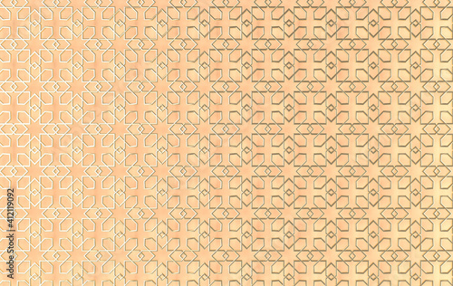 Arabic golden geometric pattern, muslim holiday Eid al Adha ornament background. Ramadan arabesque 3d render illustration