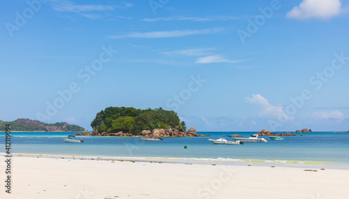 View of Chauve Souris Relais island from Cote D or beach on Praslin Island  Seychelles