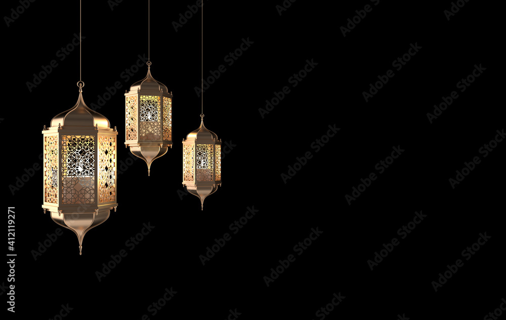 Golden lantern with candle, lamp with arabic decoration, arabesque design. Concept for islamic celebration day ramadan kareem or eid al fitr adha. 3d rendering illustration Golden lantern with candle, lamp with arabic decoration, arabesque design. Concept for islamic celebration day ramadan kareem or eid al fitr adha. 3d rendering illustration