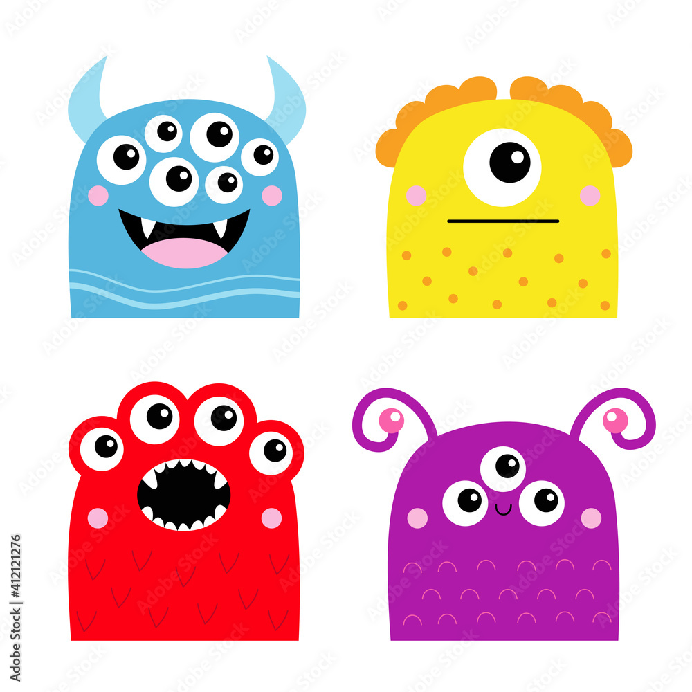 Happy Halloween. Monster icon set. Cute kawaii cartoon baby character. Funny face head colorful silhouette. Eyes teeth fang horn tongue. Flat design. White background.