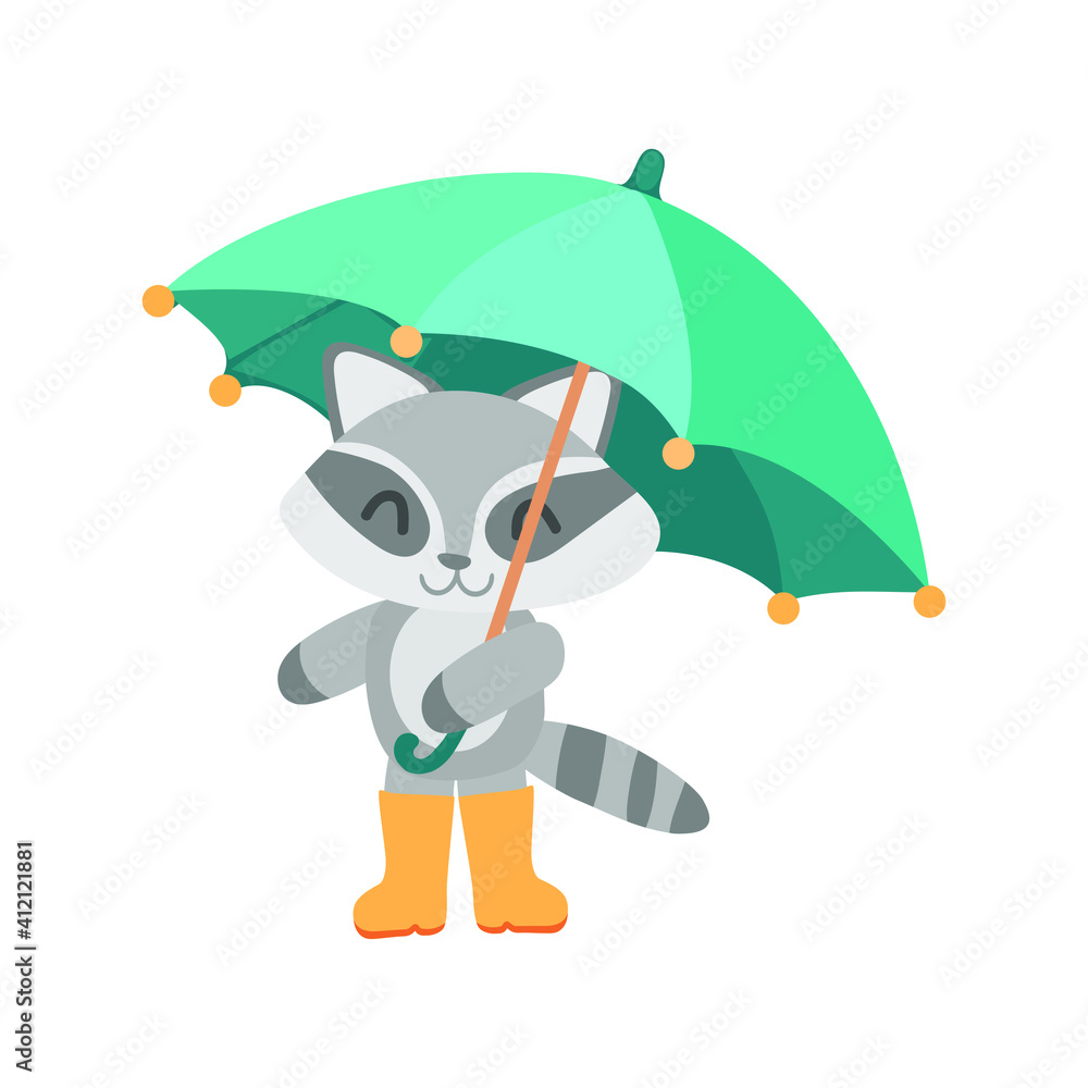 racoon with umbrella on the white background