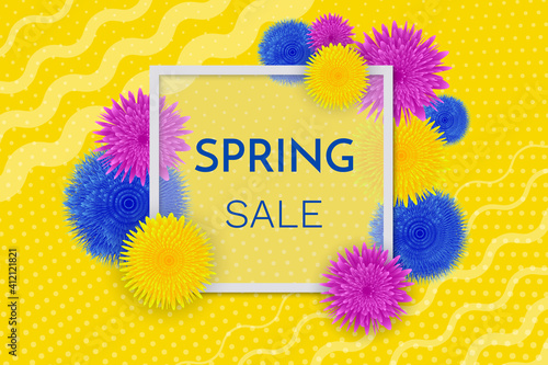 Spring Sale Banner. Frame, colorful flowers and text Spring Sale on yellow background. Vector illustration