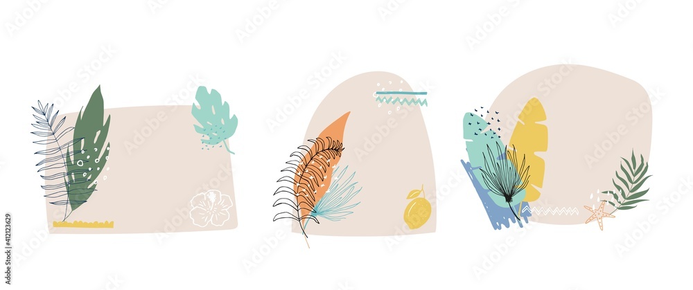 Obraz premium Collage of 3 floral and abstract shape, sticker, design element, plant, leaves, hand drawn in trendy doodle style. Vector illustrations for paper, cover, fabric, interior decor elements are isolated