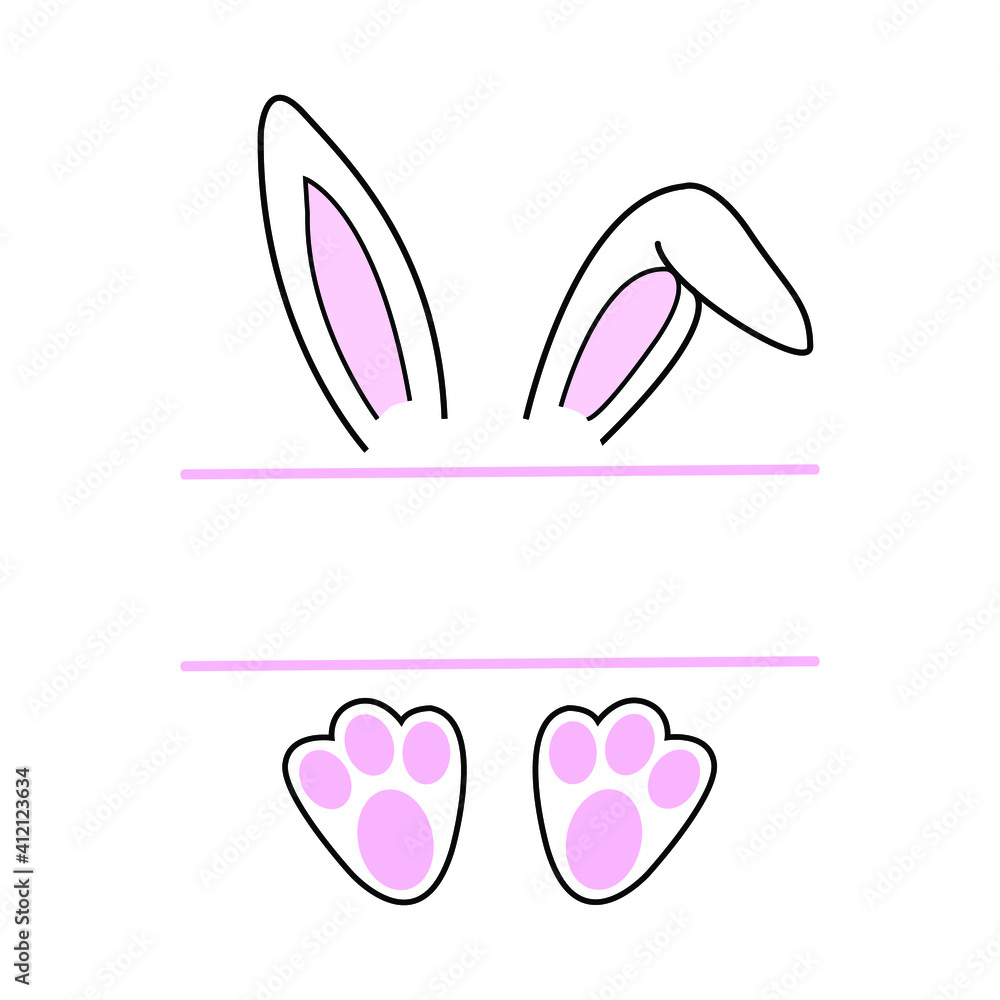 Easter bunny in beautiful style on white background, hand drawn face of bunny. Greeting card with Happy Easter writing. Ears and tiny muzzle with whiskers.