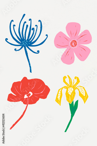 Colorful flowers vector vintage floral linocut collection