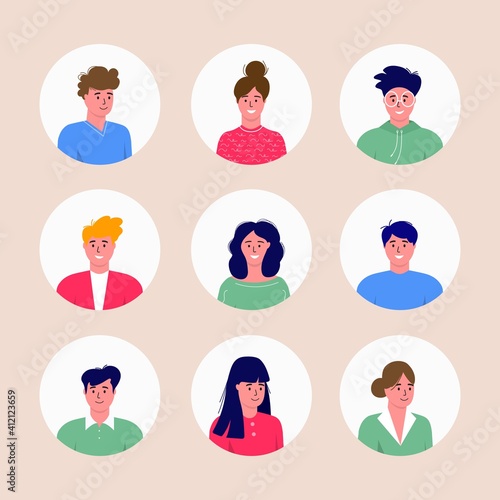 Bundle of different Men and women avatars characters. Cheerful, happy people flat vector illustration set. Round frame. Male and female portraits, group, team Adorable guys and girls pack.