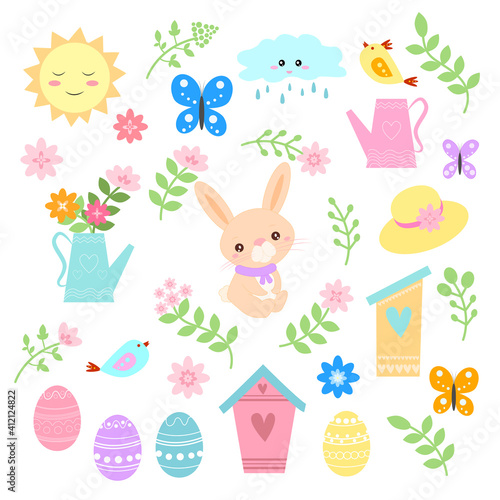 Happy Spring and Easter design of cute bunny among spring flowers and birds