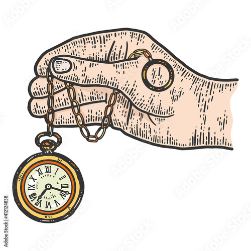 Male hand holds pocket watch. Sketch scratch board imitation.