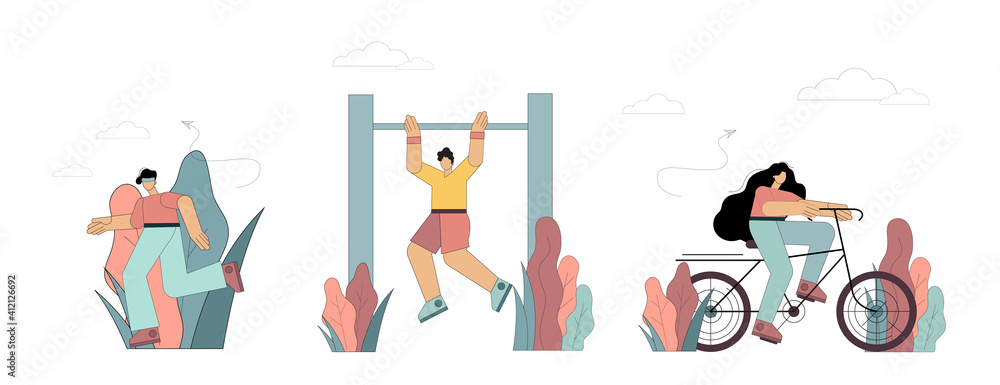 Sports people set. Running, biking, and bar chin-ups. Outdoor activities, healthy lifestyle. Sports people set. Running, biking, and bar chin-ups. Outdoor activities, healthy lifestyle.