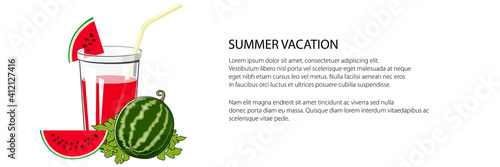 Glass of fresh berry fruit juice of watermelon and a straw , summer banner, refreshing drink with watermelon slices, vector illustration