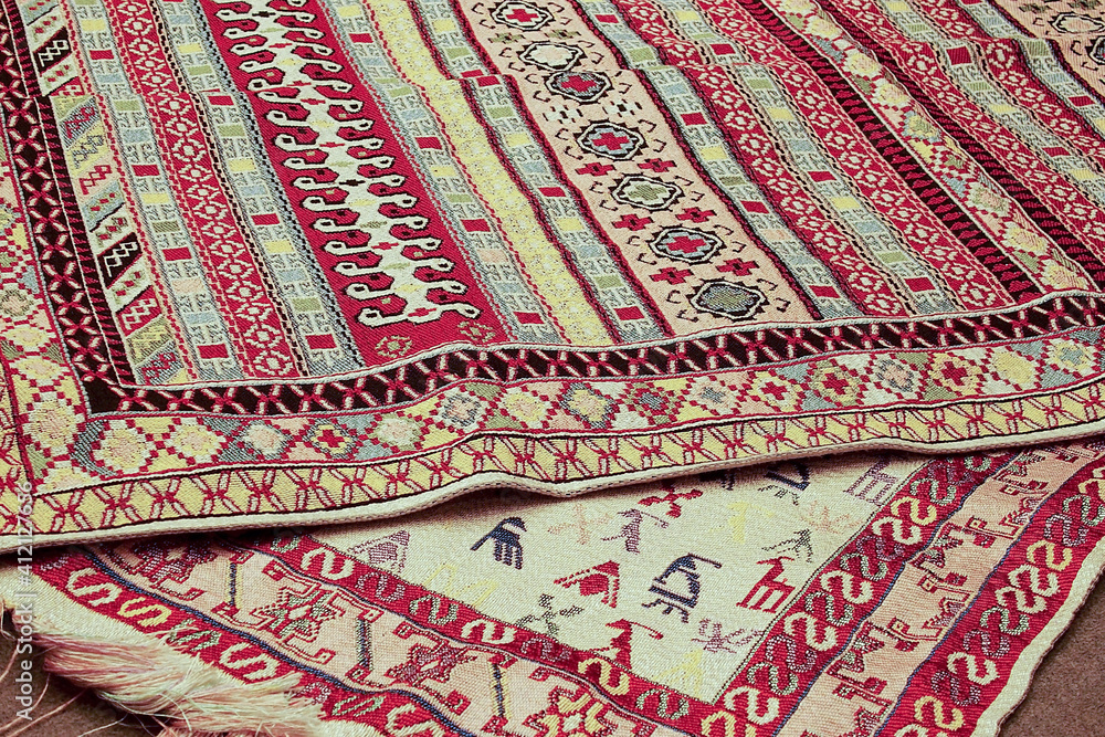  interesting background with handmade Turkish rugs in close-up