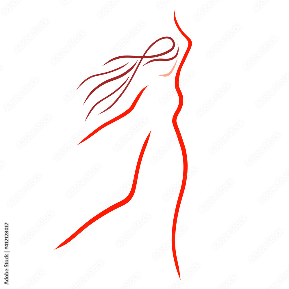 young woman with long hair in red, motion, abstract sketch on white background young woman with long hair in red, motion, abstract sketch on white background