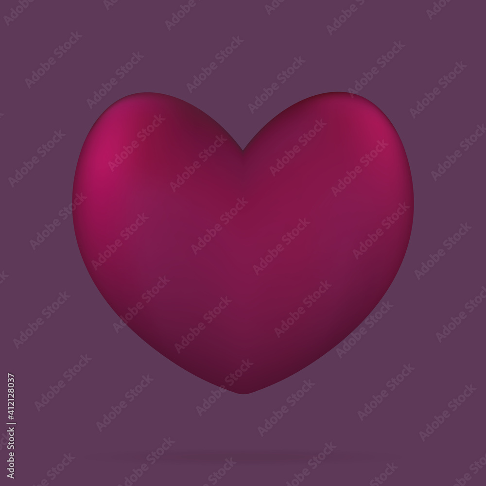 Heart. Three-dimensional shape. The floating heart casts a shadow. Color vector illustrations. Isolated pink background. Valentines Day. A symbol of lovers. An idea for a web design, banner.