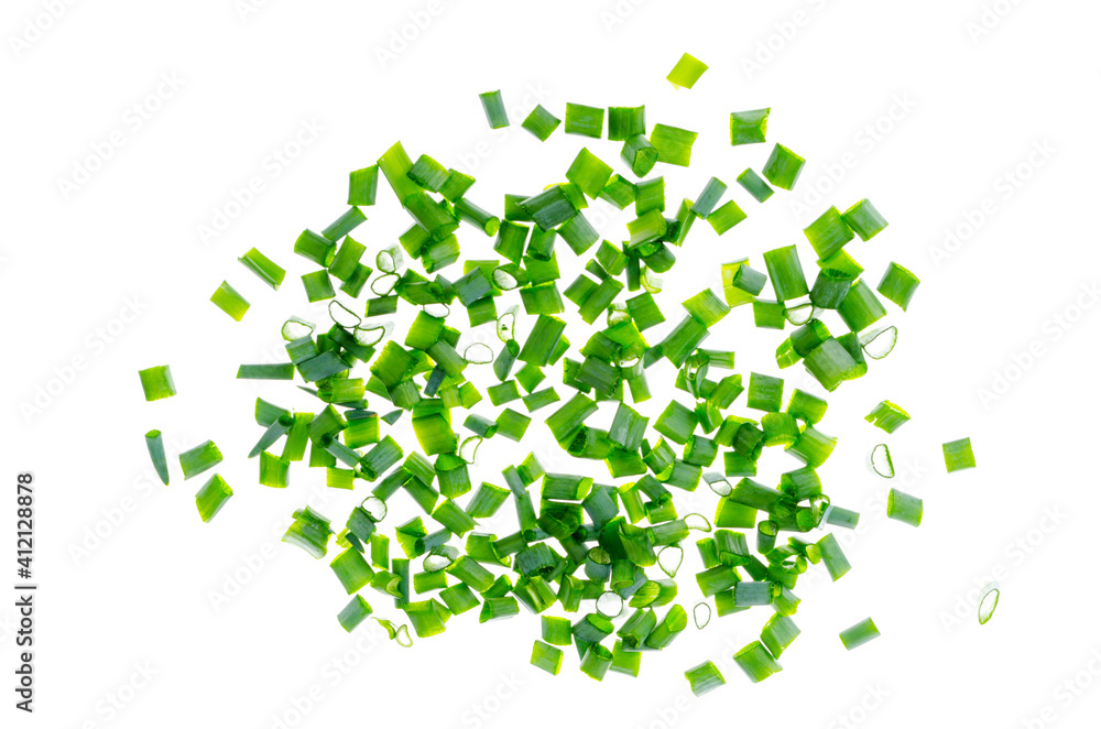 Pile of slices of fresh chives isolated on white background Pile of slices of fresh chives isolated on white background