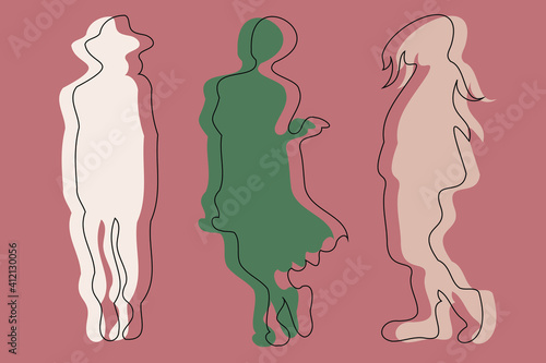 Coquette abstract figures of females in flat and minimal style. Cartoon faceless characters in simple and colorful representation. Natural calm tones. Fictional fashion models posing cute.  