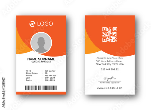 Modern ID Card Template with an author photo place | Office Id Card Layout orange Background | Employee Id Card for Your Business or Company