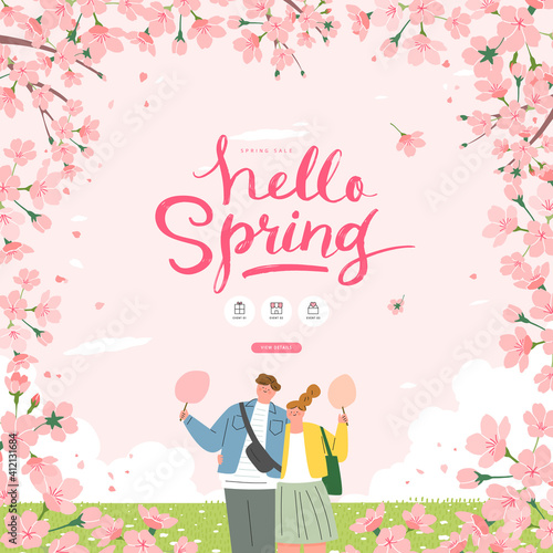 Spring sale template with beautiful flower. Vector illustration
