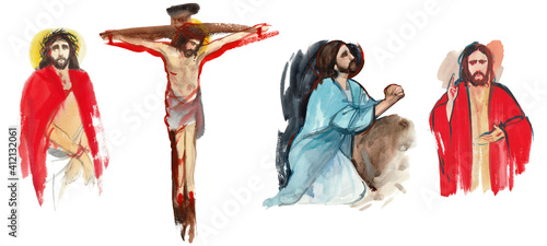 Fotografia, Obraz Set of watercolor illustrations of Jesus Christ in prayer, Christ on the cross, Jesus in the crown of thorns, Christ blesses