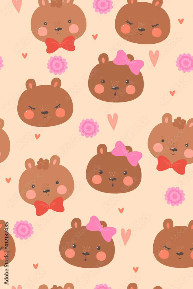 Cute bears and hearts seamless pattern. Vector graphics.
