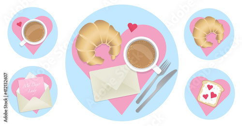 Romantic french style lunch coffee break with croissant and love message letter. Paris street cafe food. Cute lovely morning breakfast food top view. Flat style design vector illustration.