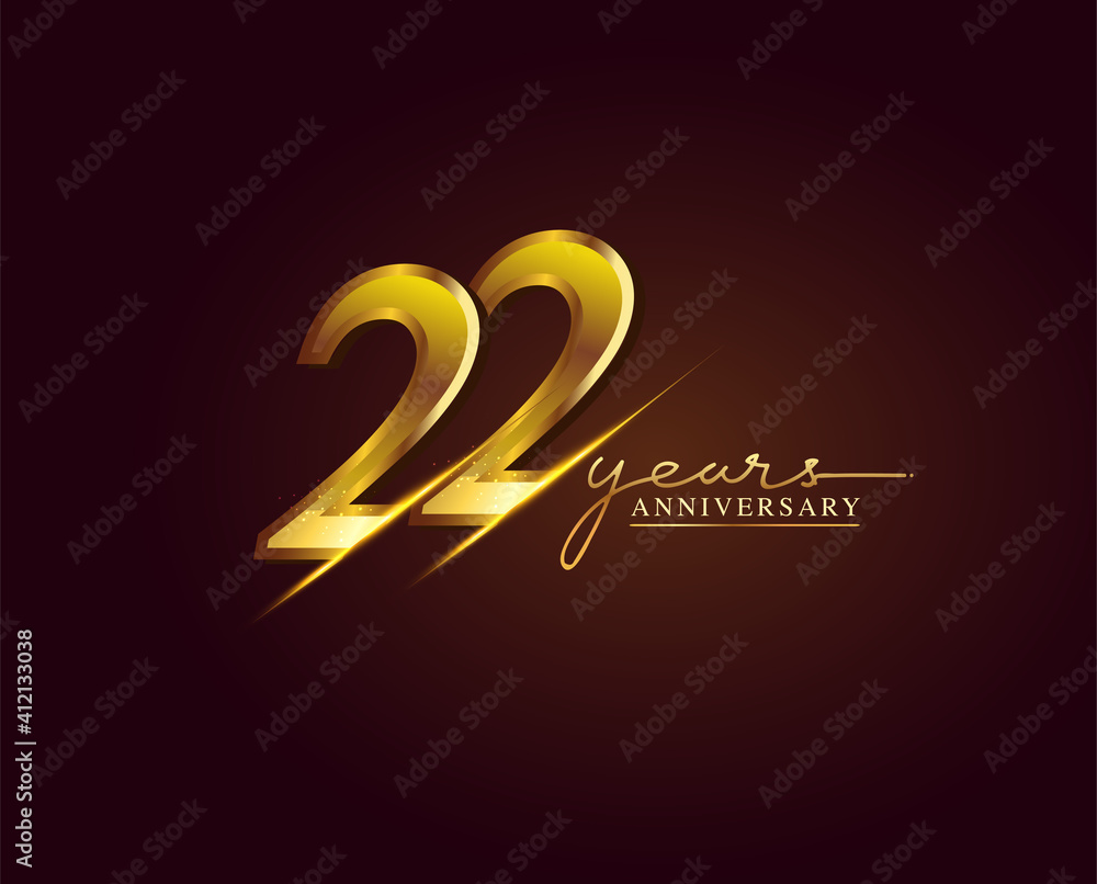 22 Years Anniversary Logo Golden Colored isolated on elegant background, vector design for greeting card and invitation card