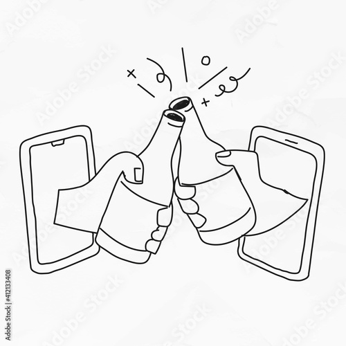 Virtual hangout vector social distancing in new normal lifestyle doodle drawing