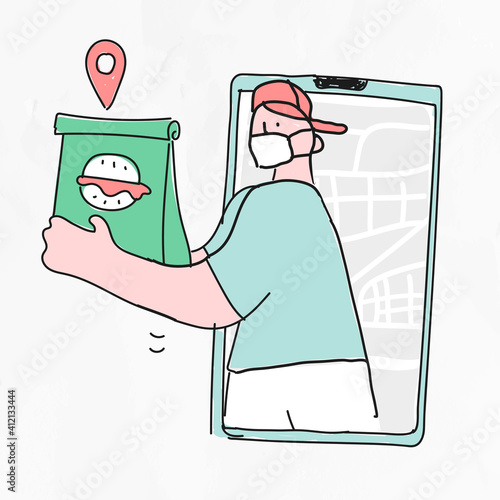 Food delivery vector and social distancing COVID-19 doodle illustration