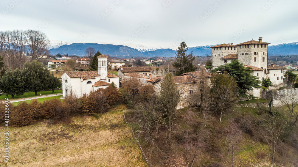 Vision of the ancient Cassacco manor. Historic castle in the hills of Friuli.