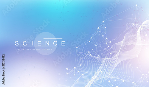 Big Genomic Data Visualization. DNA helix, DNA strand, DNA Test. CRISPR CAS9 - Genetic engineering. Molecule or atom, neurons. Abstract structure for Science or medical background, banner. Wave flow.