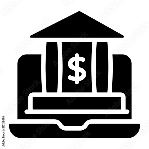 Bank building inside laptop, online banking icon