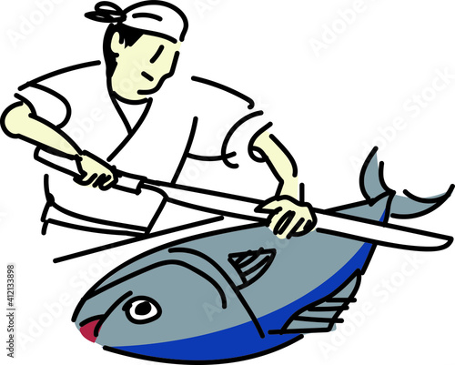 マグロをさばく板前さんのイラスト