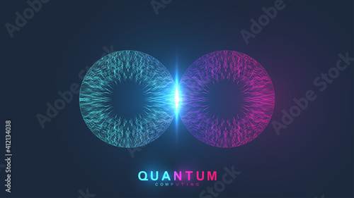 Quantum computing systems. Quantum physics. Deep learning artificial intelligence. Big data algorithms visualization, vector illustration.