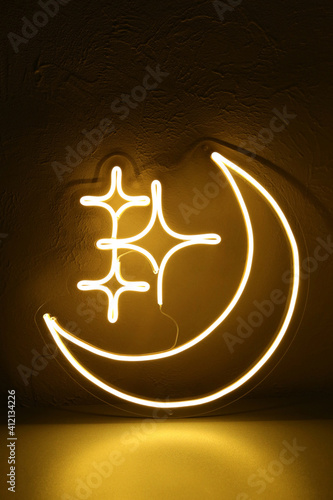 Neon sign moon and stars. Trendy style. Neon sign. Custom neon. Home decor. Good night. photo